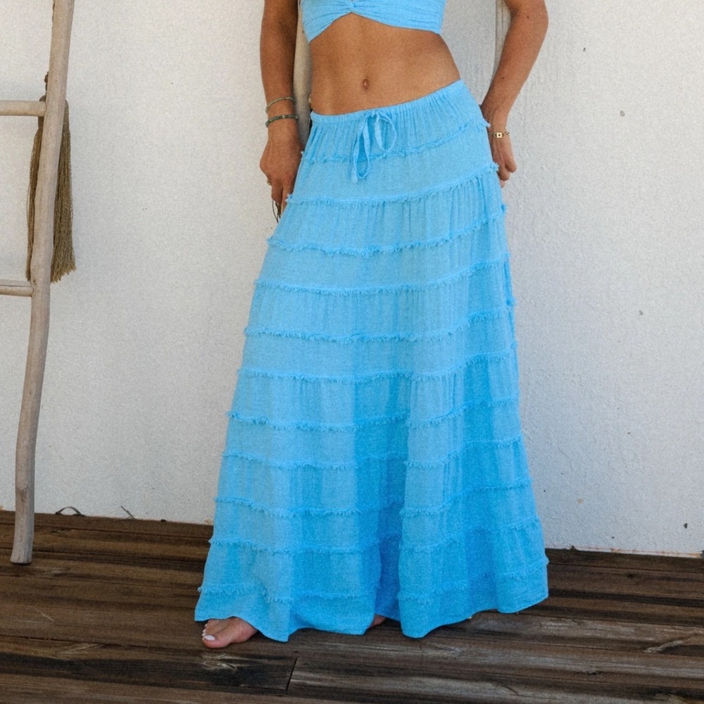 NWT Blanco by Nature Brielle Tiered Cotton Ruffle Skirt Aqua S
